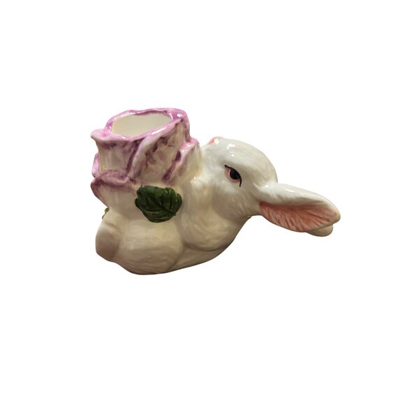Porcelain Rabbit Shaped Candle Holder Floral Detail Purple Flower 4" long Box - Picture 3 of 4